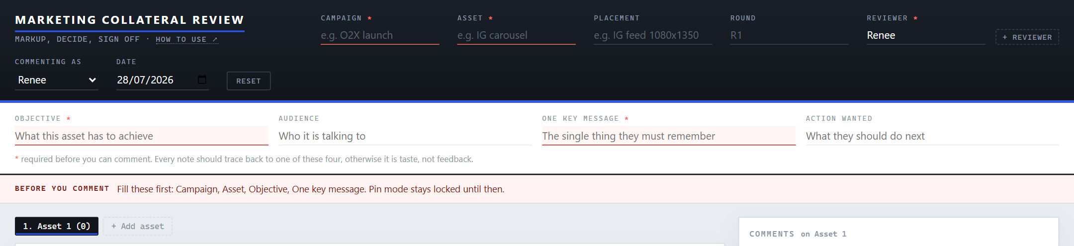 Brief fields with the locked gate showing which required fields are missing
