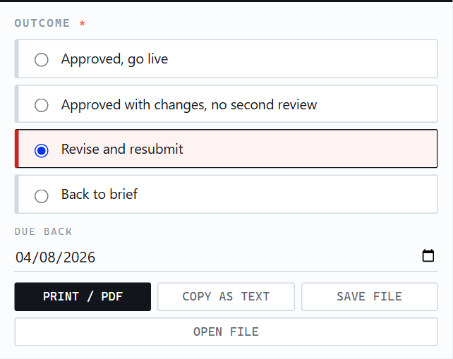 Outcome panel with verdict, due-back date and export buttons